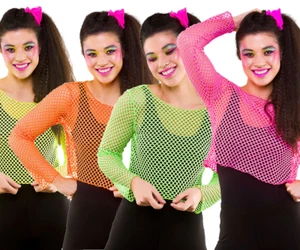 Fishnet Long Sleeve Top 1980s Fancy Dress Neon Accessory 80s Outfit Accessory - Picture 1 of 11