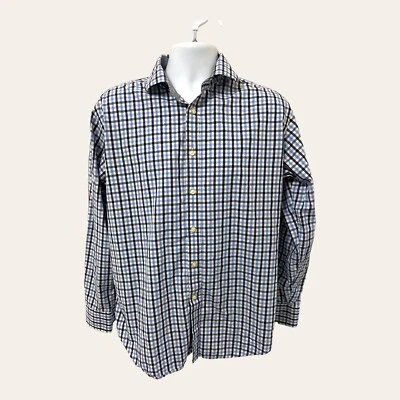 Jack Stone By Thomas Dean Mens Plaid Blue Button Shirt Size L Flip Cuff - Image 1 of 4
