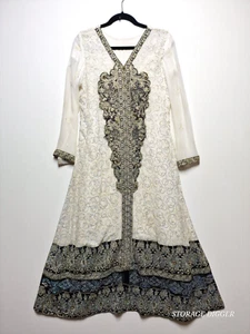 Women's A-Line Dress Medium Ivory Black Floral Embellished V-Neck Rhinestone - Picture 1 of 14