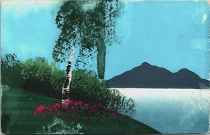 Postal vintage de paisaje de montaña y árbol pintada a mano B170 - Imagen 1 de 2