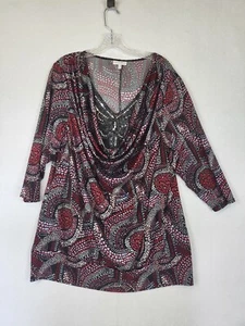 WOMEN'S FASHION BUG RED BLACK & WHITE SCOOP NECK LONG SLEEVE TOP PLUS SIZE 2X - Picture 1 of 7