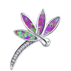 Fashion Silver Animal Dragonfly Lab Purple Simulated Opal Necklace Pendant