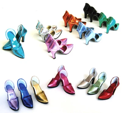 Zapatos de muñeca de tacón alto metálicos fáciles de usar de 72 mm: se adapta al modelo estadounidense Foto 1 de 3