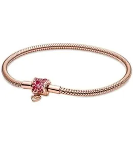 PANDORA~14K Rose Gold Sparkling CZ Heart Barrel Clasp Snake Chain Bracelet~NEW - Picture 1 of 11