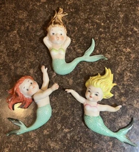 Vintage 1950er Napco Norcrest Keramik Meerjungfrau Wandrelief Figur 3er Set P-300 - Bild 1 von 19