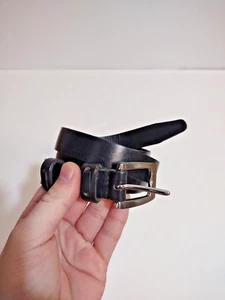Circa Women's L Black Leather Belt Skinny Vintage Silvertone Brass Buckle - Picture 1 of 5