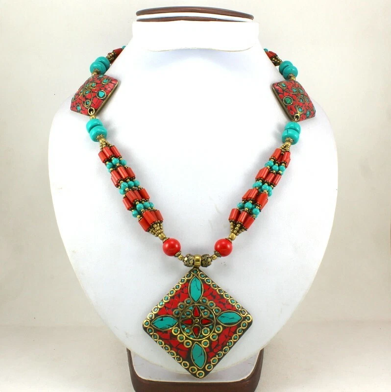 Anhänger Halskette Natur Tibetisch Türkis Rot Quarz Edelstein Handarbeit Perlen - Bild 1 von 4