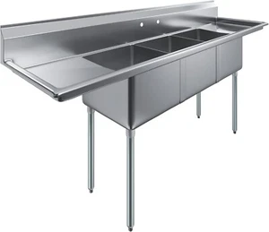 90" Long 3 Bay Stainless Steel Kitchen Sink with Left and Right Drainboards - Picture 1 of 4