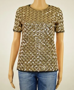 Bar III Womens Gold Metallic-Sequin Short Sleeves Blouse Top XS L XL - Picture 1 of 4