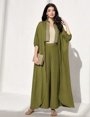 Conjunto de 2 piezas de abrigo y pantalones de pierna ancha con manga de murciélago cinta en contraste Al Najma Foto 1 de 4