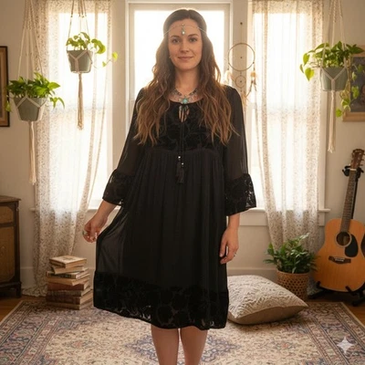 Vestido Boho KNOX ROSE Corbata Borlas Frontales Floral Festival Burnout Terciopelo Negro XL Foto 1 de 4