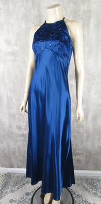 Vintage 90s Zum Zum Niki Livas Blue Satin Bias Cut Halter Sequin Maxi Prom Dress - Image 1 of 4