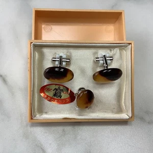 Vintage Tortoiseshell Cufflinks & Tie Tack Set Formal Classic Used - Picture 1 of 3