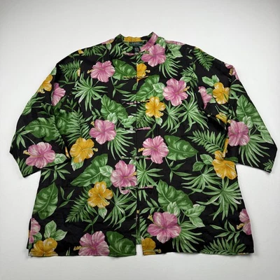 Lauren Ralph Lauren Jacket Womens XL Black Floral Linen Mandarin Collar Boho Top - Image 1 of 4