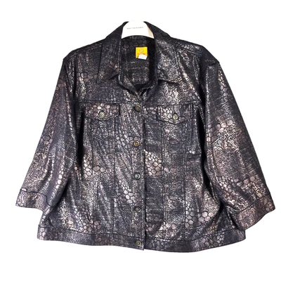 Ruby Rd Womens Metallic Gold Black Reptile Jacket 3/4 Sleeve Button Front 24W - Image 1 of 4