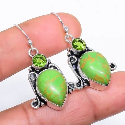 Copper Green Turquoise, Peridot Gemstone 925 Sterling Silver Earring 1.6" C079 - Image 1 of 4