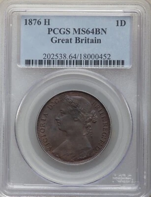 GREAT BRITAIN VICTORIA 1876-H  PENNY COIN, UNCIRCULATED, CERTIFIED PCGS MS64-BN - Image 1 of 2