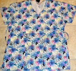 Women's MedGear Size Small Short Sleeve Floral Print Scrub Top w/ Tie Strings - Picture 1 of 3