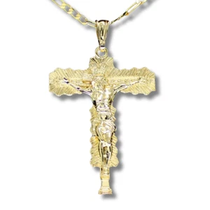 Large Crucifix Pendant 14k GoldPlated 20" Figaro Chain Men Women Religious Chain - Picture 1 of 5