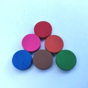 6 Wooden counters 15mm Coloured Playing Piece Orange Red Pink Blue Green Brown - Picture 1 of 4