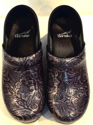 Dansko Gray Black Embossed Floral Paisley Slip On Clog Mules Nurse EU36 US 5.5-6 - Image 1 of 4