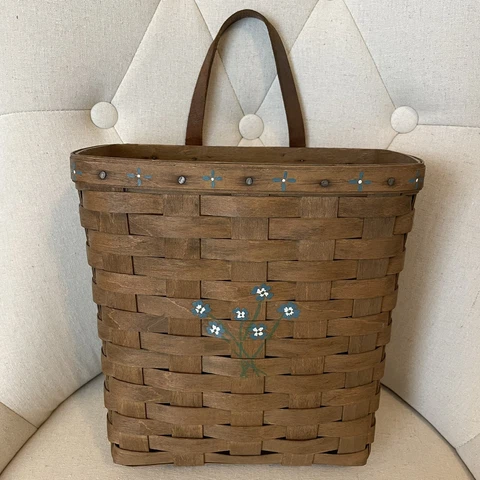 Vintage Longaberger Handwoven Hanging Basket Leather Strap Hand painted mail key Cover