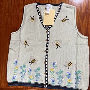 Quacker Factory Sz L Embroidered Bumblebees Button Down Cardigan Sweater Vest - Picture 1 of 7