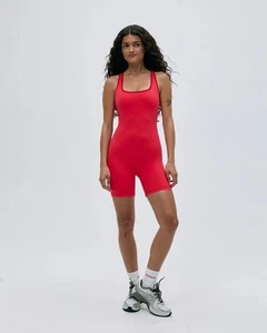ADANOLA Women’s Ultimate Racer Back Piping Romper - Apple Red - Size Medium EUC - Picture 1 of 10