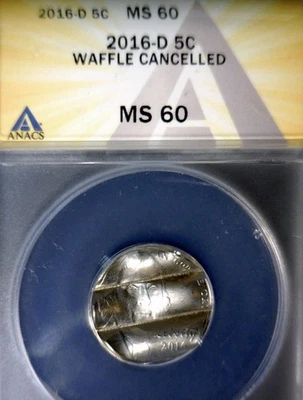 2016d ERROR ANACS MS60 WAFFLED Jefferson Nickel BU+ Coin STRUCK Waffle w Details - Image 1 of 4