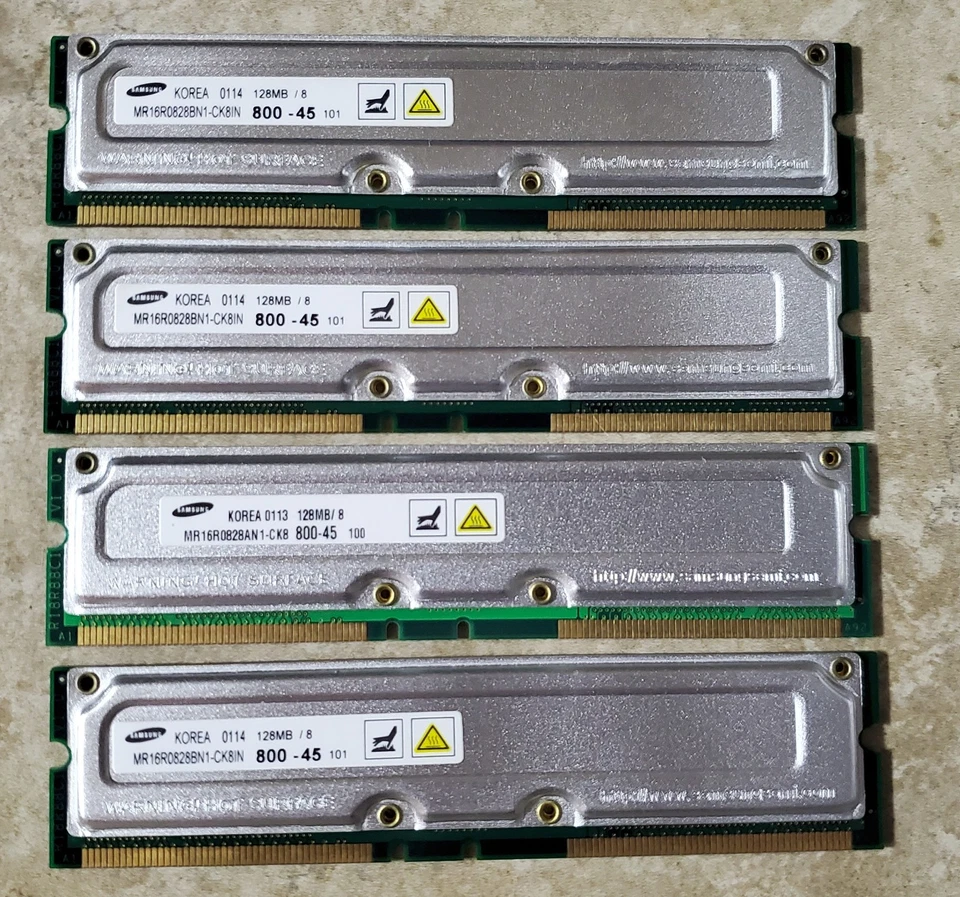 4x Samsung 128MB PC-800 Non ECC 800Mhz RAMBUS RIMM RDRAM MR16R0828BN1-CK8IN - Image 1 of 2