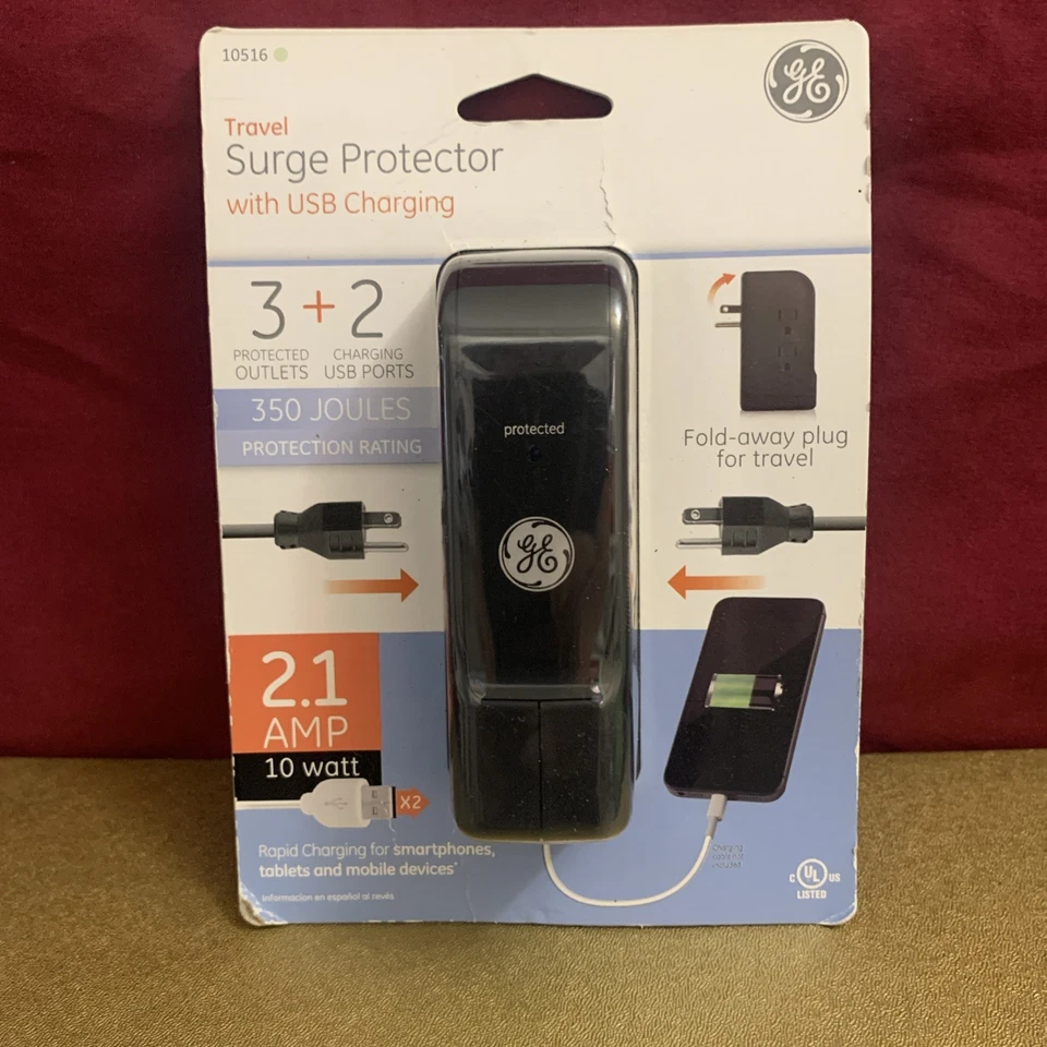 GE 10516 3 + 2 Travel Surge Protector 350 Joules with USB ports  NEW - Image 1 of 4