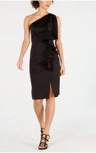 VINCE CAMUTO Women's Black Ruffled One-shoulder Satin Sheath Dress Size 10 Lined - Picture 1 of 9
