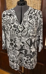 Onque Casual Damen schwarz/weiß Rollriegel 3/4 Ärmel Shirt Pailletten Tasche Large - Bild 1 von 3