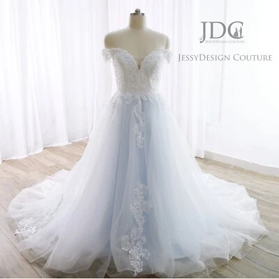 Vestido de novia de encaje con cuentas perlas azul claro marfil vestido de novia corsé vestido de baile Foto 1 de 4