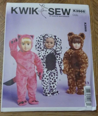 Kwik Sew Pattern K3966 ~ 18" Doll Costumes ~ Teddy Bear / Puppy Dog / Kitty Cat - Image 1 of 2