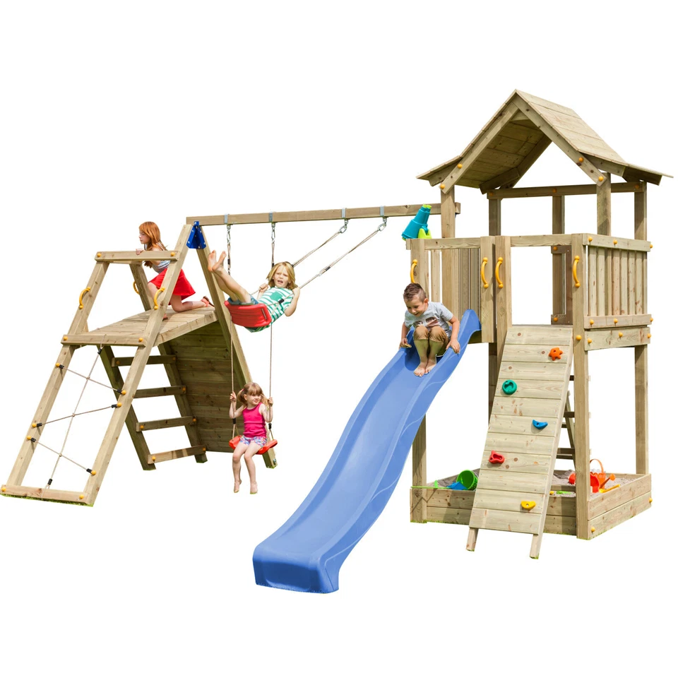 Spielturm PAGODA mit Rutsche 2,90 m + Kletterwand + Doppelschaukel - Bild 1 von 1