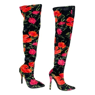 Botas CAPE ROBBIN Negro Rojo Flores Sobre la Rodilla Tacones Tela Terciopelo Talla 6 M Foto 1 de 4