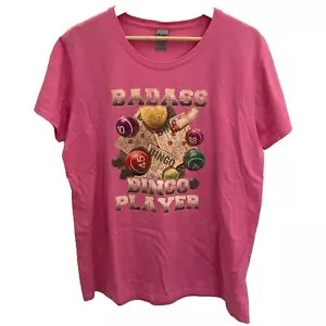 Vtg Bad Ass Bingo Player T Shirt Womens XL Pink Gildan Heavy Cotton Funny Humor - Picture 1 of 7