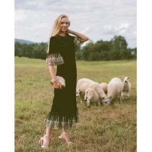 NEW Pomander Place Black Velvet Lillith Gold Embroidered Lace Maxi Dress Size XL - Picture 1 of 15