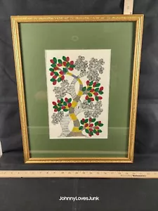Vintage Gond Stammeskunst Gemälde Öl auf Papier Lebensbaum signiert Zentralindien - Bild 1 von 4