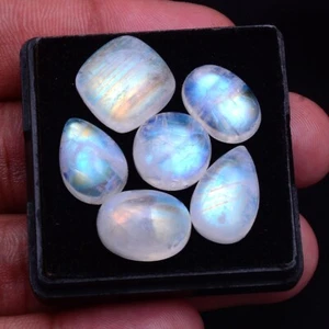 6 Pcs Natural Rainbow Moonstone 12mm-15mm Untreated Cabochon Loose Gemstones Lot - Picture 1 of 7