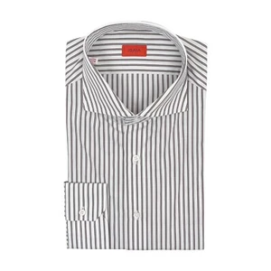 690$ ISAIA NAPOLI Striped White & Brown Hand-Sewn Dress Shirt Cotton - Picture 1 of 3