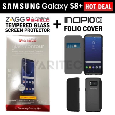 Samsung S8 Plus Folio Cover Case + Zagg Glass Screen Protector for Galaxy S8+ - Image 1 of 4