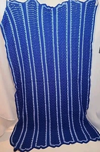 MCM 70s Vintage Striped Crochet Afghan Throw Blanket Blue - Picture 1 of 5