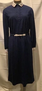 Vintage Leslie Fay Dress Navy Belted Long Sleeved Med - Picture 1 of 7