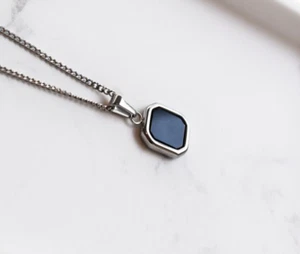 Black Onyx Square Men Pendant Stackable Minimalist Sterling Silver Jewelry Gift - Picture 1 of 2