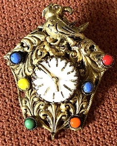 Kuckucksuhr Anstecknadel/Brosche Tschechoslowakei Farbsteine goldfarben Vintage - Bild 1 von 5