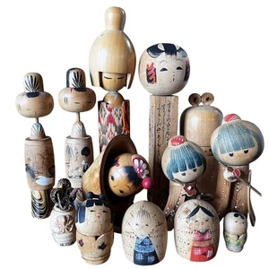 Japanese Kokeshi Dolls Set of 13 Hand-Painted Wooden Traditional Folk Art Used - Picture 1 of 24