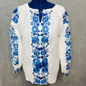 Plahta M Ukrainian Vyshyvanka Blouse White Linen Blue Floral Embroidery Handmade - Picture 1 of 15