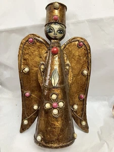 Vintage ABELARDO RUIZ "PAPER MACHE GOLD ANGEL" KERZENFIGUR - Mexiko - Große Augen - Bild 1 von 9